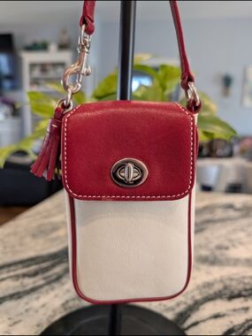 Coach Red and Cream Leather Crossbody Phone Pouch